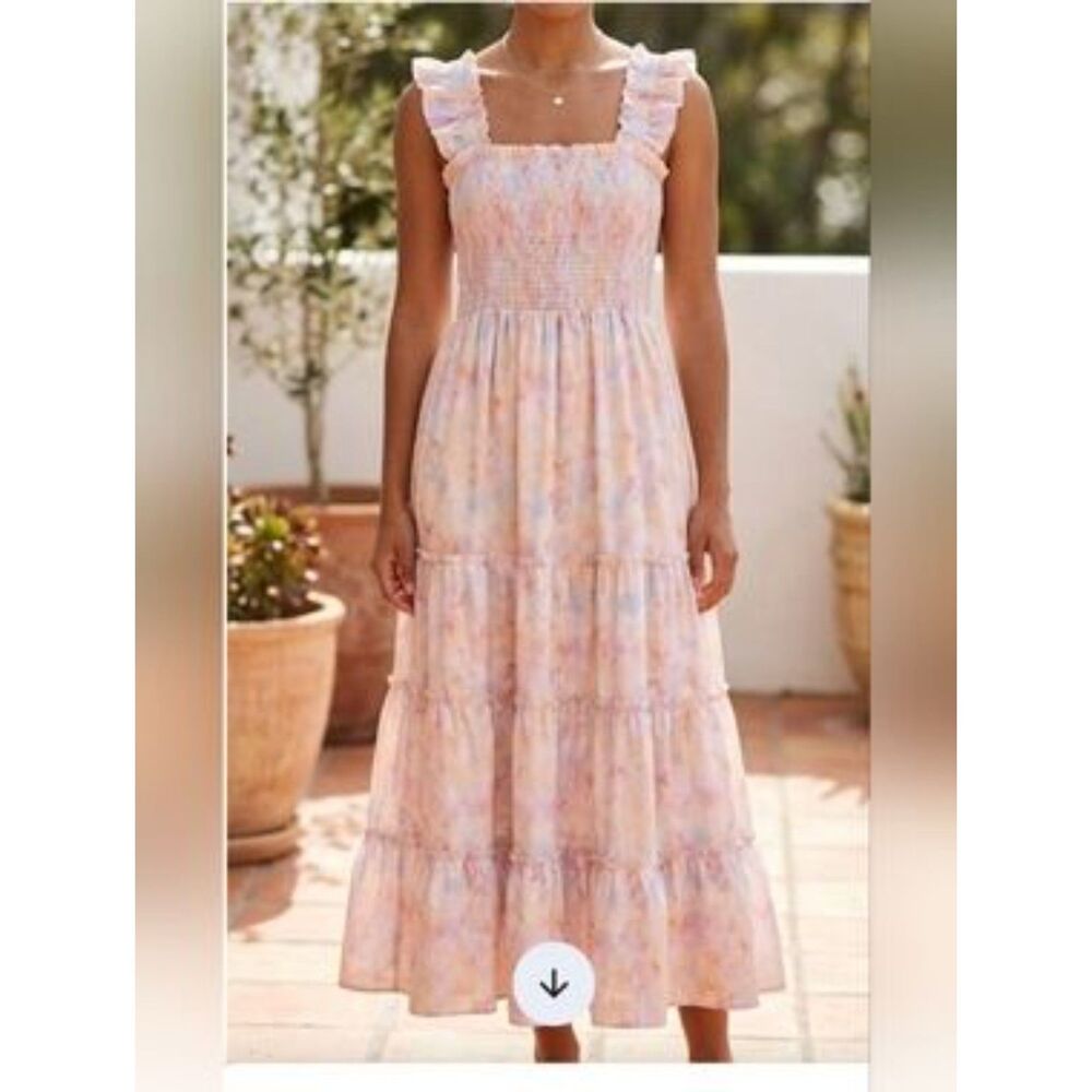 NWT Multicolor Tie Dye Sz Large Smocked Tiered Maxi Boho Dress Pockets MELLODAY